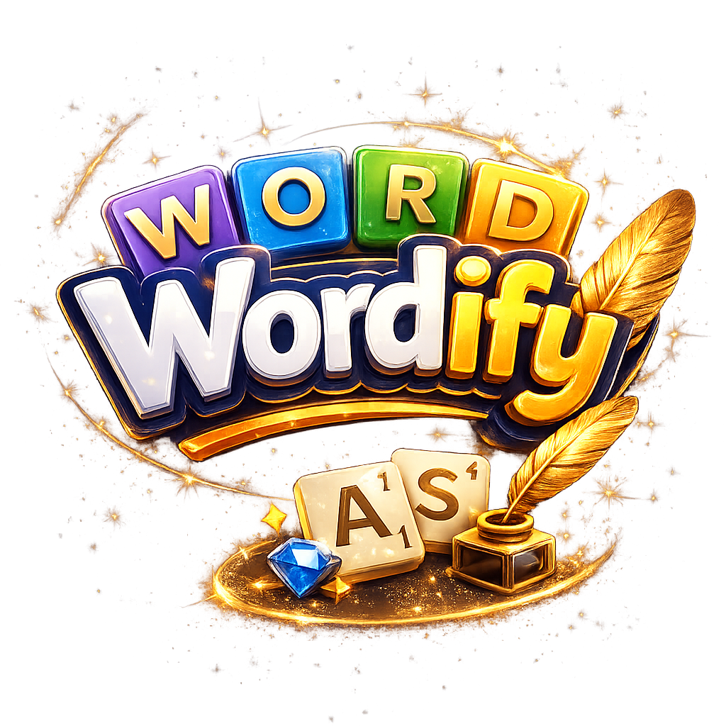 Wordify game icon with colorful letter tiles and a golden quill